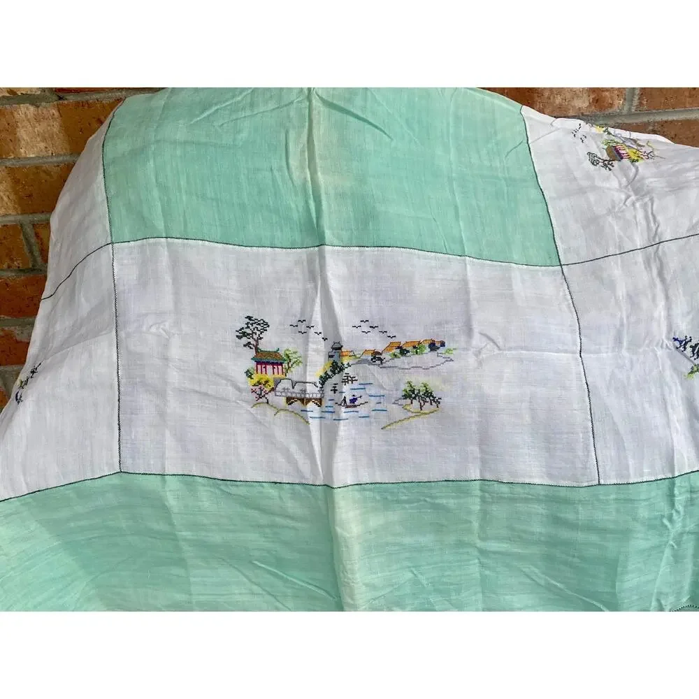 Vintage Chinese Linen Card Table Cloth Petit Embroidery Work 48x48